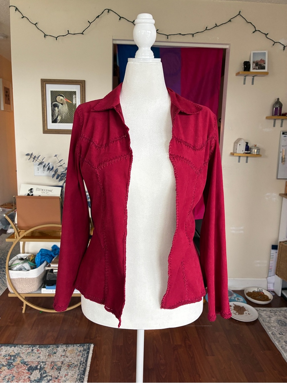 Women's Open-Front Burgundy suede Leather Jacket with Notched Collar